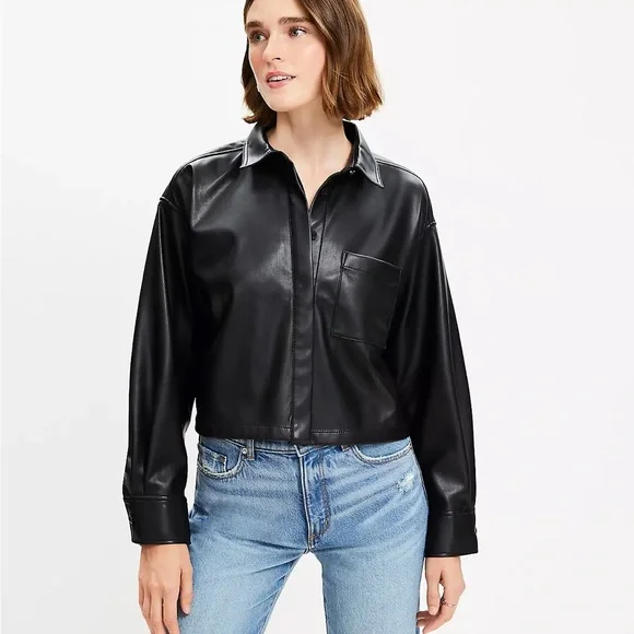 LOFT Faux Leather Modern Pocket Shirt – Black, Size XL - Picture 2 of 5
